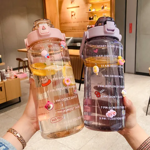 Bouteille D'eau En Plastique De Grande Capacité Avec Paille Marqueur De Temps Motivationnel Étanche Portable Sport Fitness Hydratation