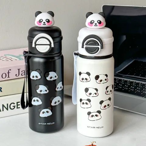 Insulated 316 Stainless Steel Vacuum Flask With 3D Panda Lid And Straw Portable Water Bottle For Students School Outdoor