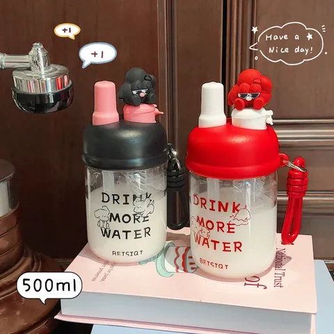 Creative Cartoon Doll Dual-Drinking High Borosilicate Glass Water Cup 500ml With Straw Portable Handle Heat-Resistant Leak-Proof Bottle