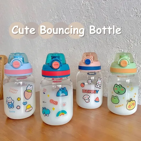 Portable Borosilicate Glass Water Bottle For Kids Girls Cute Cartoon Rabbit Frog Pattern Bounce Lid 400ml School Sports Cup
