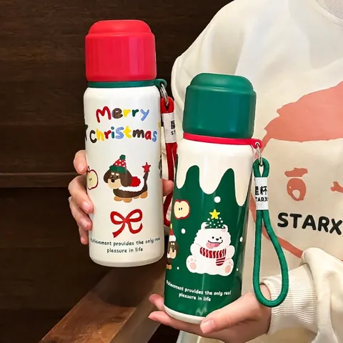 Christmas Insulated Water Bottle 316 Stainless Steel Vacuum Flask With Portable Rope Cute Cartoon Dog Bear Pattern Leakproof Cup Holiday Gift