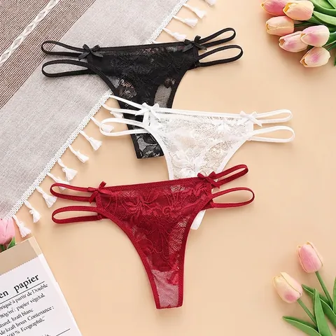 String Sexy en Dentelle Ajourée pour Femmes Taille Basse Respirant T-Back Avec Nœud Lingerie Couleur Unie