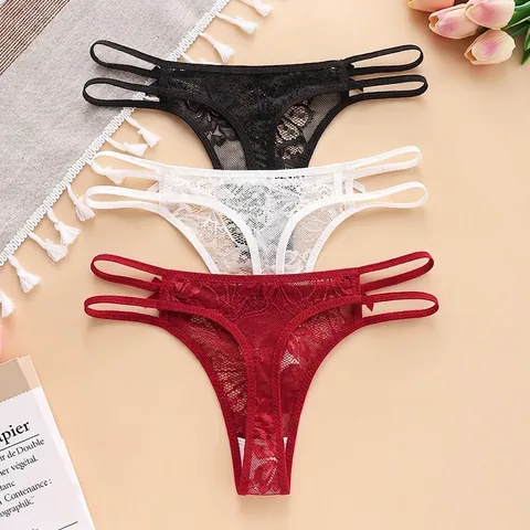 String Sexy en Dentelle Ajourée pour Femmes Taille Basse Respirant T-Back Avec Nœud Lingerie Couleur Unie