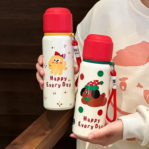 Christmas Insulated Water Bottle 316 Stainless Steel Vacuum Flask With Portable Rope Cute Cartoon Dog Bear Pattern Leakproof Cup Holiday Gift