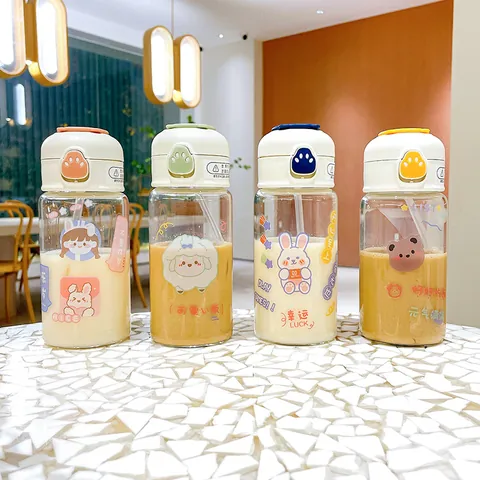 Cartoon High Borosilicate Glass Straw Cup With Flip Top Lid Cat Claw Button Heat Resistant Water Bottle For Student Girl