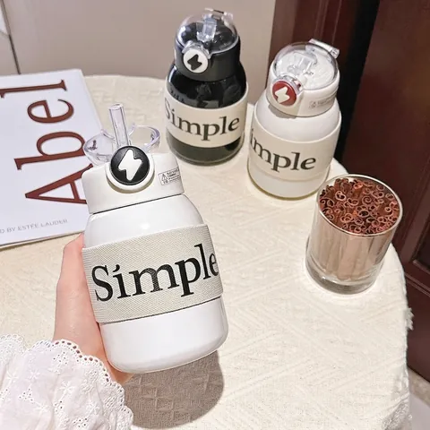 Bouteille Isotherme Moderne en Acier Inoxydable Avec Paille Portable Élégante Flasque à Vide pour Étudiants Femmes Bureau École