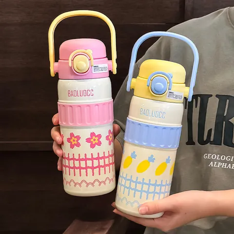 316 Stainless Steel Vacuum Insulated Water Bottle For Girls Portable Dual-Drinking Cup With Straw Handle 600ML Cartoon Pattern Thermal Bottle