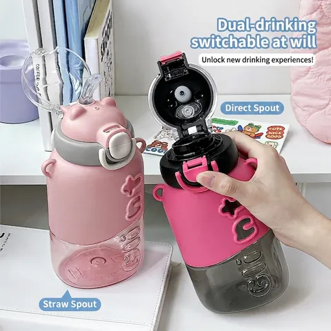 Portable Dual Drink Water Bottle For Kids Student High Appearance Plastic Straw Bottle Anti Fall Travel School Outdoor Drinkware