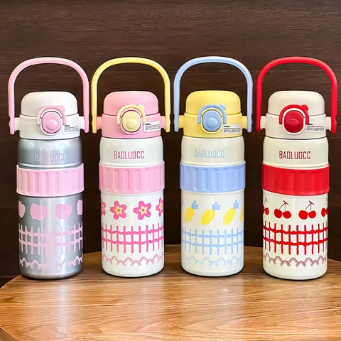 316 Stainless Steel Vacuum Insulated Water Bottle For Girls Portable Dual-Drinking Cup With Straw Handle 600ML Cartoon Pattern Thermal Bottle