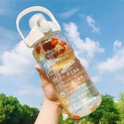 Bouteille d'Eau Sport de Grande Capacité Avec Paille Marqueur de Temps Gobelet en Plastique Anti-fuite Fitness Portable