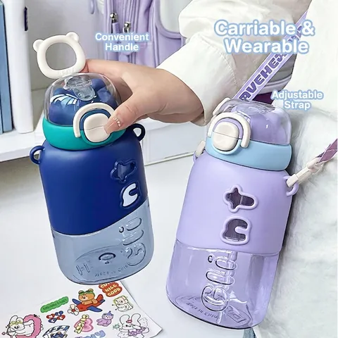Portable Dual Drink Water Bottle For Kids Student High Appearance Plastic Straw Bottle Anti Fall Travel School Outdoor Drinkware