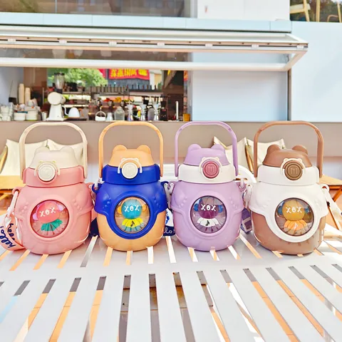 Tasse Isolée Sous Vide À Gros Ventre De Dessin Animé Mignonne Avec Sangle De Paille En Acier Inoxydable 316 Bouteille D'eau Double Boisson Portable Pour Enfants Femmes École