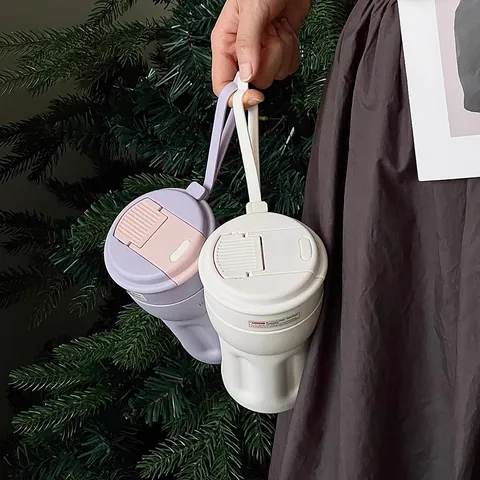 Tasse à Café Isotherme en Acier Inoxydable Style Ins Minimaliste Avec Paille Poignée Portable Bouteille Isotherme pour Boissons Froides Chaudes Bureau Extérieur Femme