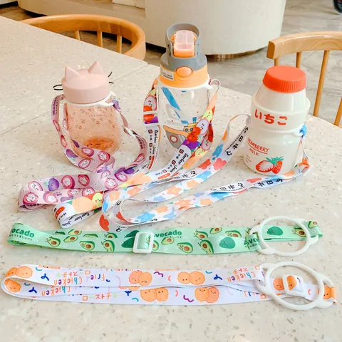 Adjustable Water Bottle Strap Cute Cartoon Floral Printed Nylon Lanyard With Silicone Ring For Portable Bottle Carrier Lanyard Student Travel