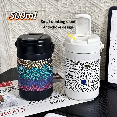 Insulated Coffee Mug SUS 316 Stainless Steel Vacuum Flask With Graffiti Sleeve Portable Water Bottle For Office Travel Gift