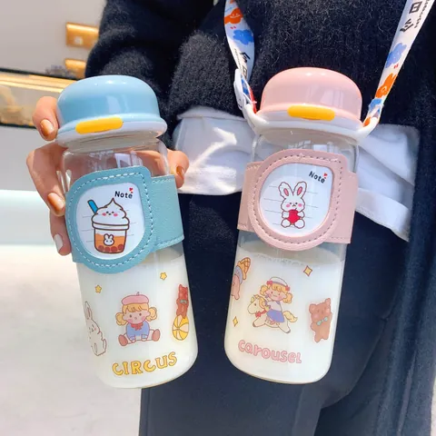 Minimalist Borosilicate Glass Water Bottle With Insulated Leather Sleeve And Portable Strap Cute Cartoon Print Ins Style Heat Resistant Cup With Filter For Students Couples Gift