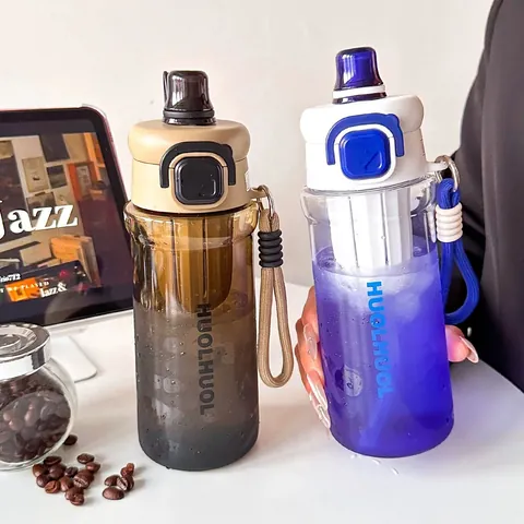 Moderner Sport-Wasserflasche Kunststoff Duales Trinkmodus Mit Strohhalm Und Lanyard Tragbarer Outdoor-Bruchsicherer Becher