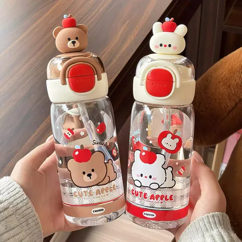 Cute Cartoon Tritan Water Bottle With Straw And Bear Doll Lid High Appearance Portable Dual Drink Plastic Cup For Girls Students School Outdoor