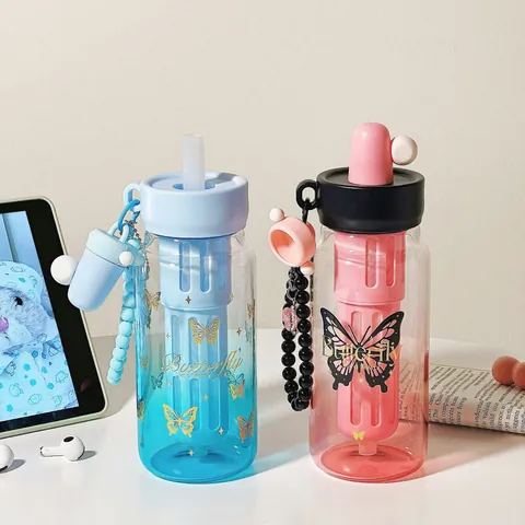 Gradient Glas Trinkflasche Mit Strohhalm Und Teefilter Schmetterling Smiley Muster Tragbare Hitzebeständige Tasse Für Damen Büro Außenbereich
