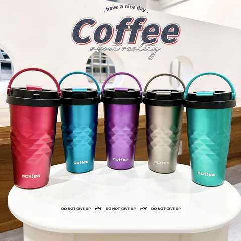 304 Stainless Steel Insulated Coffee Cup With Portable Handle Diamond Texture Vacuum Flask For Office Car Travel