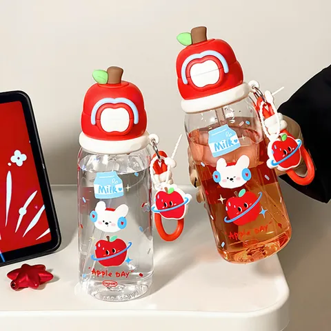 Bouteille d'Eau Créative en Forme de Pomme Avec Paille en Plastique Tritan Tasse à Double Boisson Portable Étanche pour Étudiants École Enfants Femmes