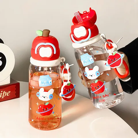 Bouteille d'Eau Créative en Forme de Pomme Avec Paille en Plastique Tritan Tasse à Double Boisson Portable Étanche pour Étudiants École Enfants Femmes