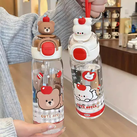 Cute Cartoon Tritan Water Bottle With Straw And Bear Doll Lid High Appearance Portable Dual Drink Plastic Cup For Girls Students School Outdoor