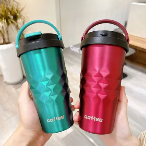 304 Stainless Steel Insulated Coffee Cup With Portable Handle Diamond Texture Vacuum Flask For Office Car Travel