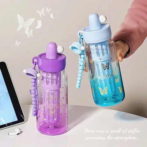 Gradient Glas Trinkflasche Mit Strohhalm Und Teefilter Schmetterling Smiley Muster Tragbare Hitzebeständige Tasse Für Damen Büro Außenbereich