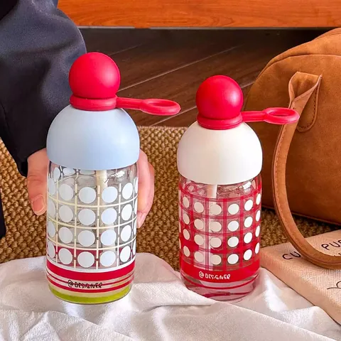 Creative High Appearance Borosilicate Glass Water Bottle With Straw Heat Resistant Portable Polka Dot Pattern Student Cup