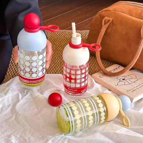 Creative High Appearance Borosilicate Glass Water Bottle With Straw Heat Resistant Portable Polka Dot Pattern Student Cup