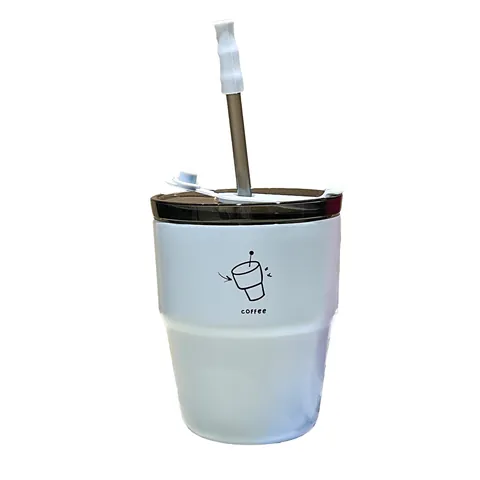 Ins Style Stainless Steel Coffee Mug Dual Drink Straw Vacuum Insulated Cup For Office Home Couple Portable Water Bottle