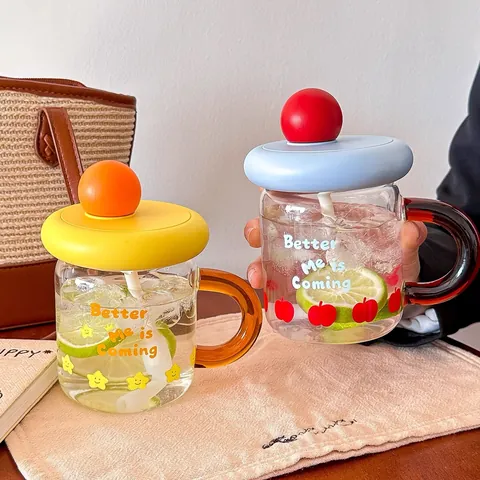Dopamine Color Aesthetic Glass Straw Cup With Handle And Ball Decoration Lid High Borosilicate Glass Breakfast Cup For Women