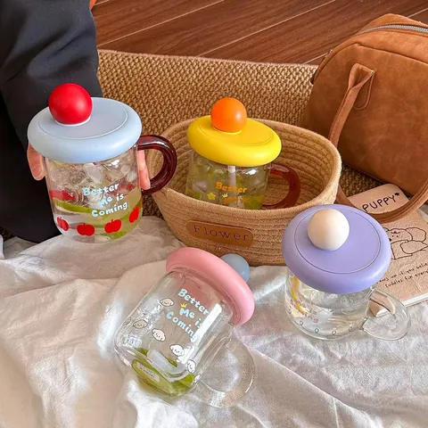 Dopamine Color Aesthetic Glass Straw Cup With Handle And Ball Decoration Lid High Borosilicate Glass Breakfast Cup For Women