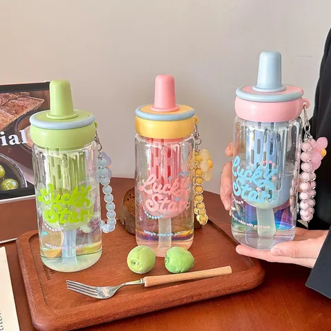 High Aesthetic Borosilicate Glass Water Bottle With Straw And Filter Girly Portable Heat Resistant Tea Cup For Office School Women