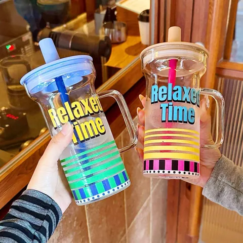 Gobelet en Verre Borosilicaté Avec Poignée Et Paille Résistant À La Chaleur Grande Capacité Motif À Rayures Bouteille D'eau Bureau Maison Femme