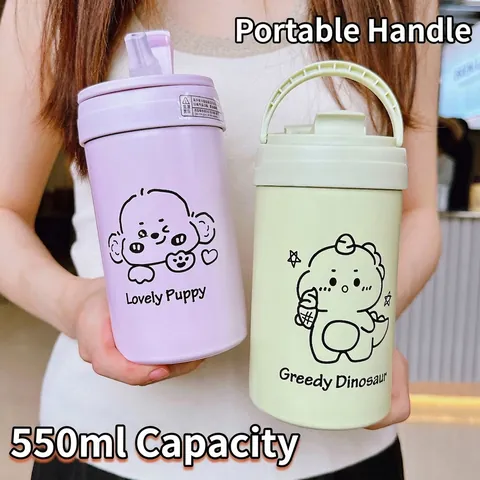 Bouteille Isotherme Mignonne en Acier Inoxydable 316 Motif Dessin Animé Avec Paille Double Usage Portable Femmes Enfants