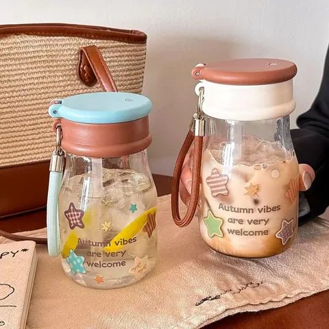 Portable Double Drink Glass Water Bottle With Straw Star Pattern Heat Resistant Leakproof Travel Cup For Women Students Office