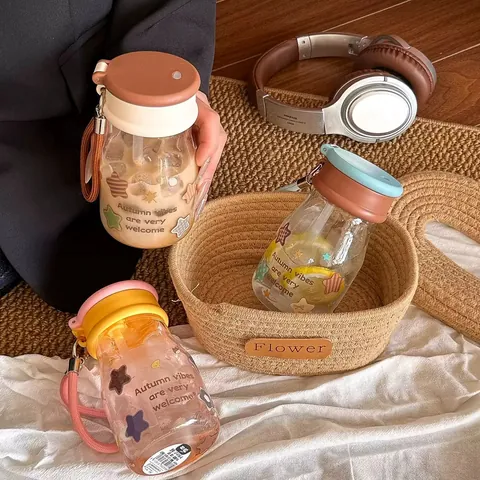 Portable Double Drink Glass Water Bottle With Straw Star Pattern Heat Resistant Leakproof Travel Cup For Women Students Office