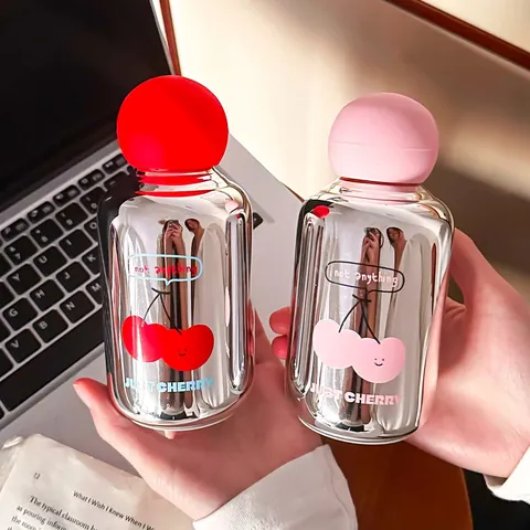 Mignonne Bouteille d'Eau en Verre Miroir Motif Cerise Avec Couvercle Boule en Verre Borosilicaté Résistant à la Chaleur Tasse Portable pour Femmes