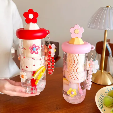 Borosilicate Glass Water Bottle With 3D Flower Lid And Straw Cute Floral Tea Separation Cup For Women Daily Office Gift