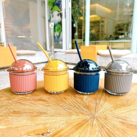 Ins Style Egg-Shaped Glass Cup With Ribbed Silicone Sleeve And Straw Portable Heat Resistant Water Bottle For Home Office