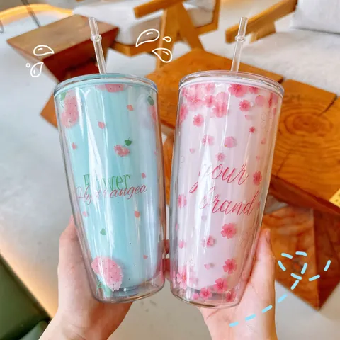 Ins Style Sakura Double Layer Straw Cup High Beauty Anti-Scald PC Plastic Water Bottle For Women Office Home Portable Drinkware