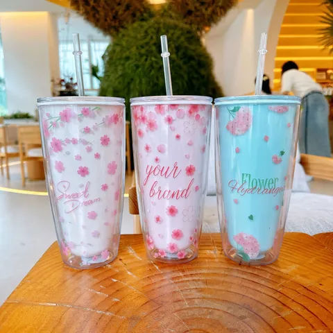 Ins Style Sakura Double Layer Straw Cup High Beauty Anti-Scald PC Plastic Water Bottle For Women Office Home Portable Drinkware