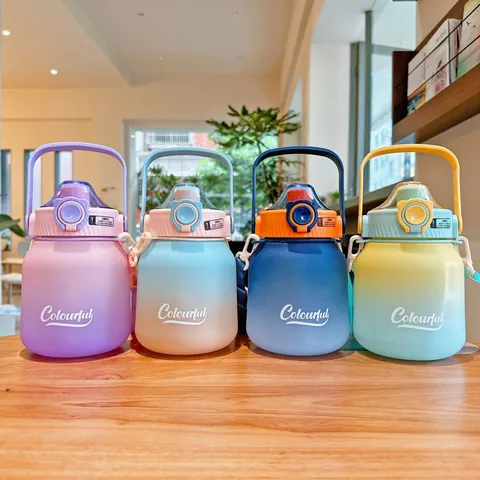 Large Capacity Gradient Frosted Plastic Water Bottle With Straw And Strap Portable Big Belly Cup For Outdoor Sports Travel