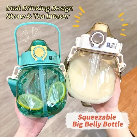 Large Capacity Plastic Belly Water Bottle With Straw Tea Infuser Portable Cute Stickers Handle Cup For Students Summer