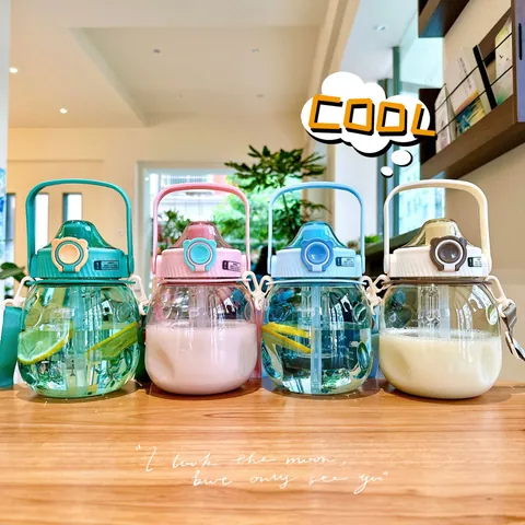 Large Capacity Plastic Belly Water Bottle With Straw Tea Infuser Portable Cute Stickers Handle Cup For Students Summer