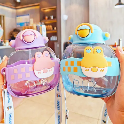 Large Capacity Cartoon Water Bottle With Straw Portable Children Outdoor Plastic Cup With Adjustable Strap Silicone Sleeve Bottle