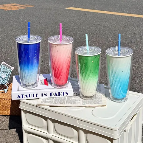Gradient Double Layer Plastic Straw Cup With Stars Modern Simple Large Capacity Water Bottle For Students Office Home