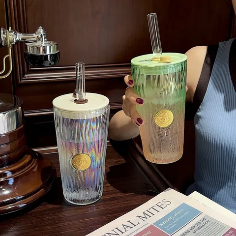 Gradient Glass Coffee Cup With Lid And Straw Heat Resistant Soda-Lime Glass Water Cup Hammered Texture Milk Tea Office Tumbler Gift